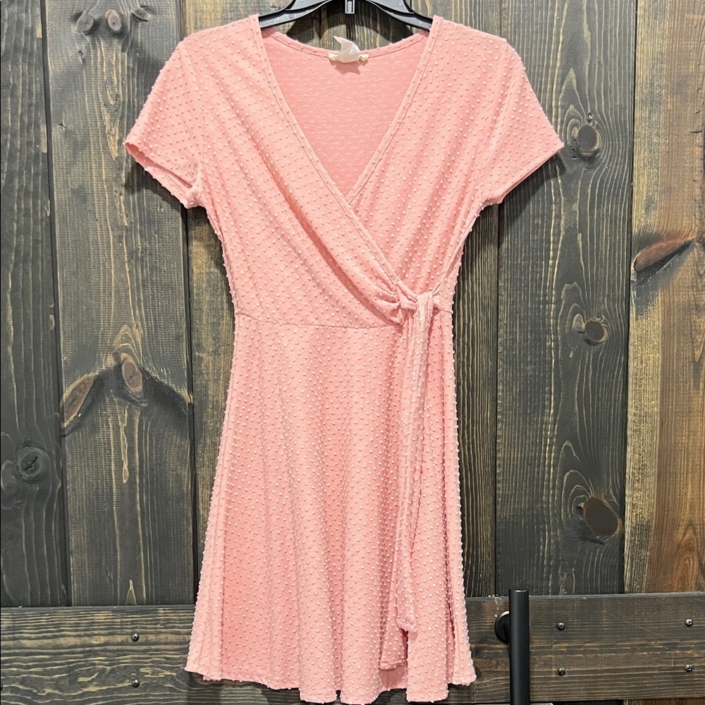 Pink Swiss Dot Babydoll Faux Wrap Mini Dress S Sundress Y2K Coquette Balletcore